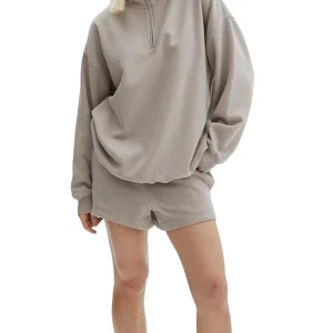 Women Shorts Set Long Sleeve Stand Collar Zipped Sweatshirt with Shorts